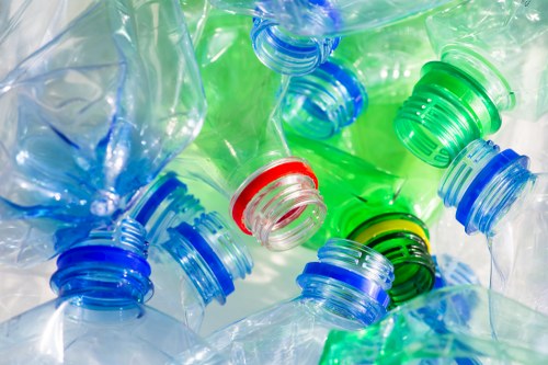 A close-up view of numerous discarded plastic bottles, mainly transparent with some green and blue hues, featuring colorful caps in red, green, and blue. The bottles are piled together, with some partially crushed or deformed, displaying varying textures from smooth to crinkled. The image captures the bottles from an overhead perspective, highlighting their arrangement and the vibrant colors of the caps against the clear plastics. The scene emphasizes the importance of waste management and recycling efforts, relevant to rubbish removal services such as those offered by Garden Clearance Waltham Forest. The background is blurred, but the focus remains on the assortment of plastic bottles, illustrating typical waste that needs collection and proper disposal, often encountered in environmental clearance projects within Waltham Forest or surrounding areas.